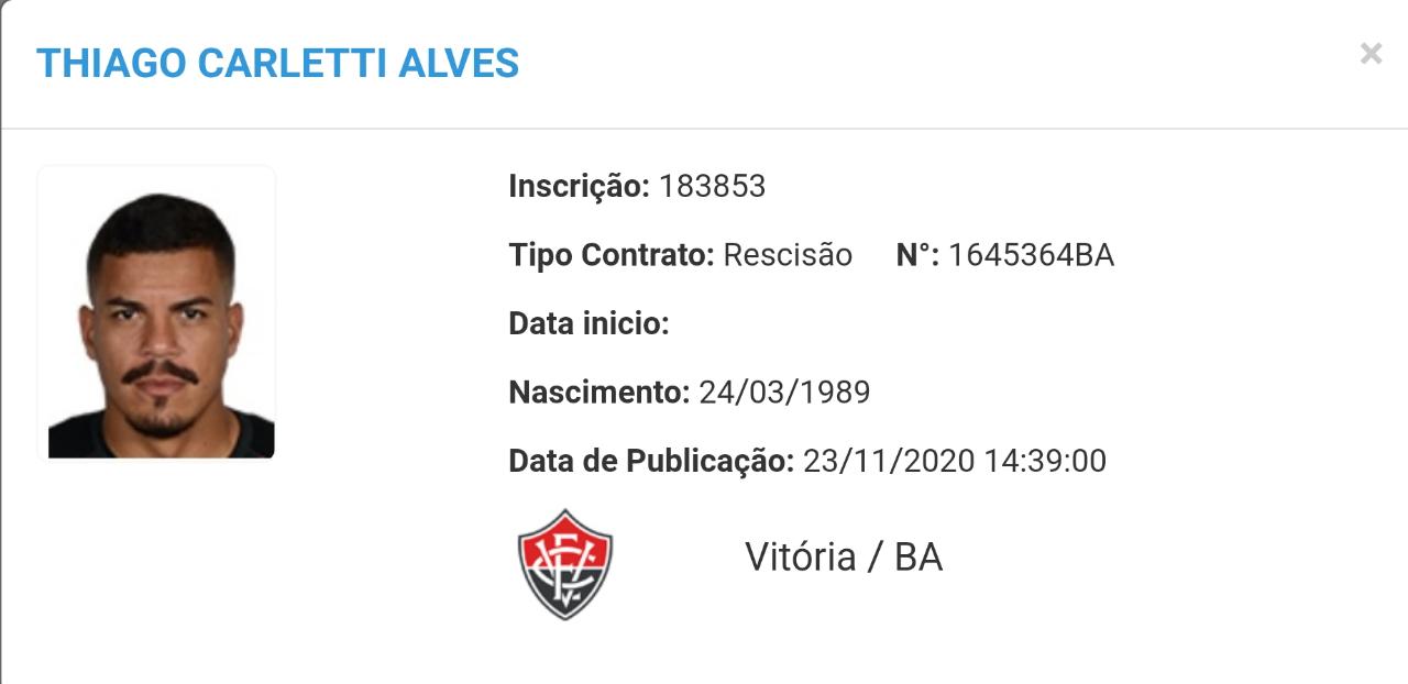 CBF publica rescisão de contrato de Thiago Carleto com o Vitória 1 Posts