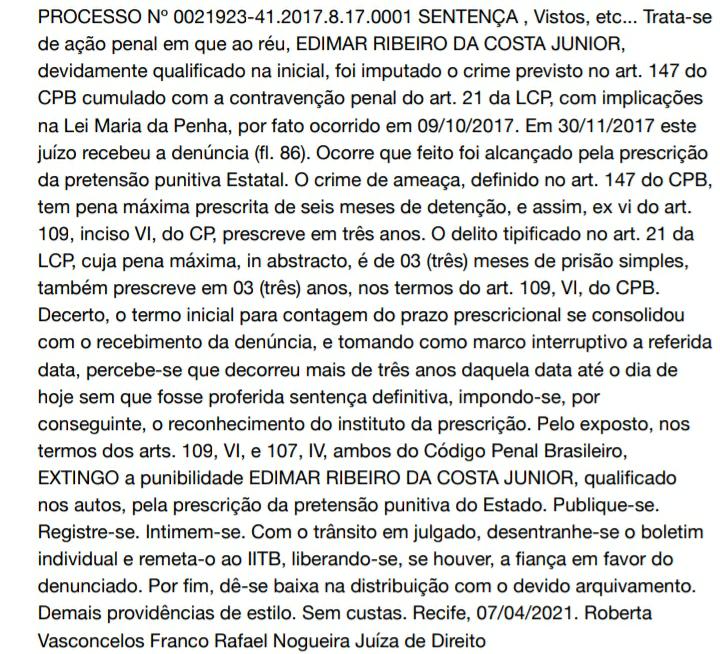 Prescreve o processo contra atacante Juninho por ameaça a ex-namorada 1 Posts