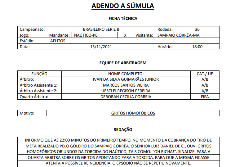 Árbitro retifica súmula e relata gritos homofóbicos da torcida em Náutico x Sampaio Corrêa 1 Posts