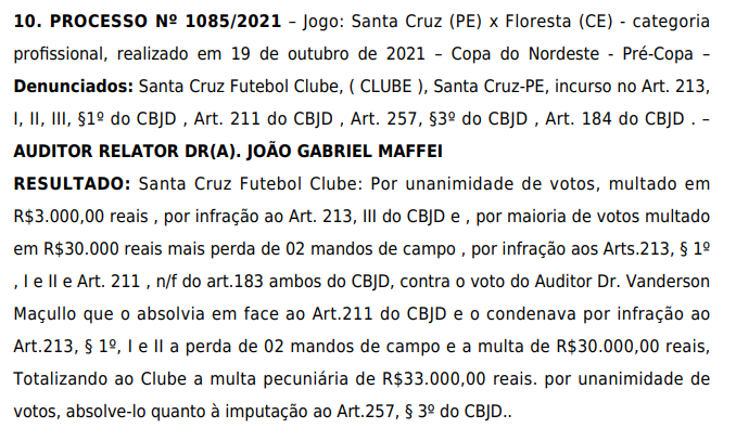 Santa é punido com a perda de dois mandos de campo por invasão contra o Floresta 1 Posts