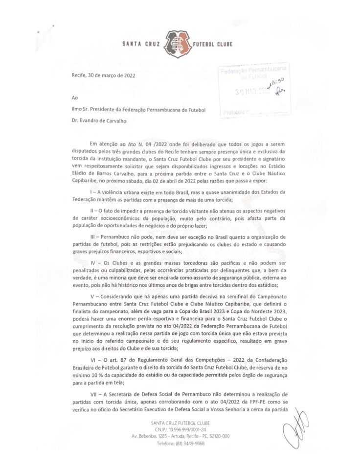 Santa Cruz notifica FPF e pede torcida visitante contra o Náutico 1 Posts
