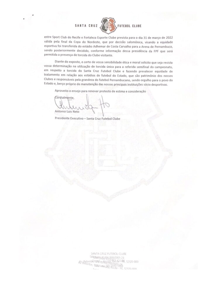 Santa Cruz notifica FPF e pede torcida visitante contra o Náutico 2 Posts