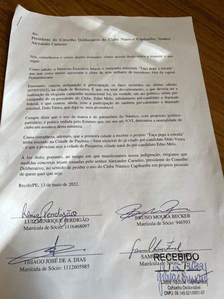 Conselheiros do Náutico protocolam requerimento por uso da marca do clube na campanha política de Edno Melo 3 Posts