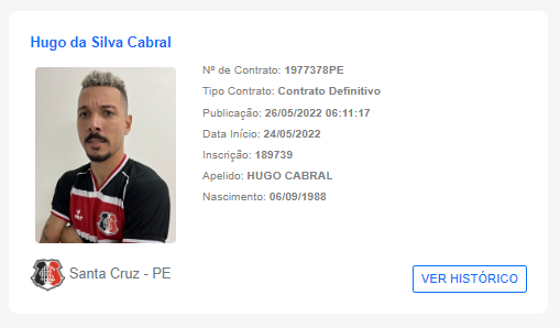 Santa Cruz: Regularizado, Hugo Cabral fica à disposição 1 Atacante Hugo Cabral, do Santa Cruz, tem nome publicado no BID, da CBF