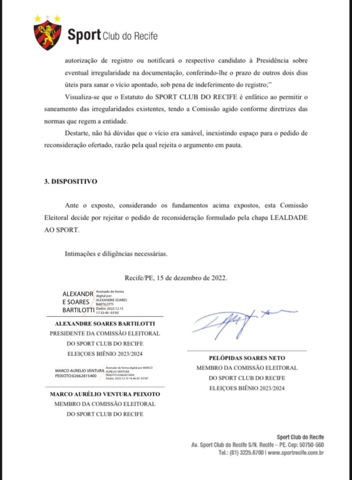 Comissão eleitoral rejeita pedido de impugnação, e chapa "Sport do Futuro" poderá concorrer ao pleito 1 Posts