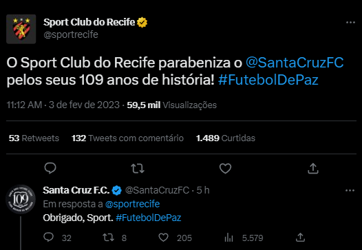 Sport parabeniza o Santa Cruz pelos seus 109 anos