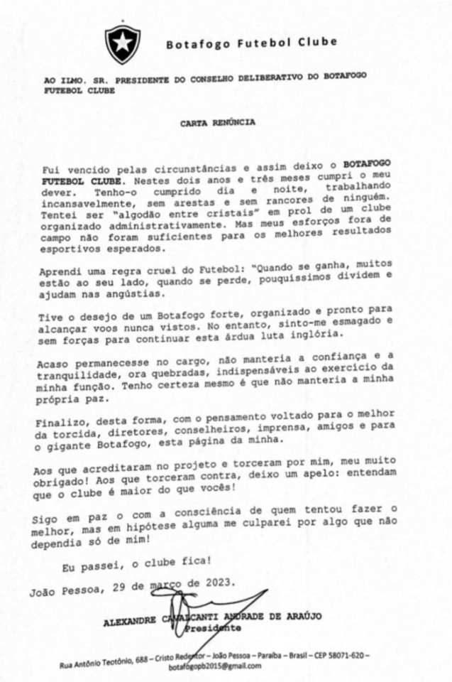 Carta de renúncia de Alexandre Cavalcanti