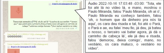 Descrição de Bruno Lopez (chefe da quadrilha) sobre a ligação por vídeo com Paulo Miranda e Gabriel Tota.