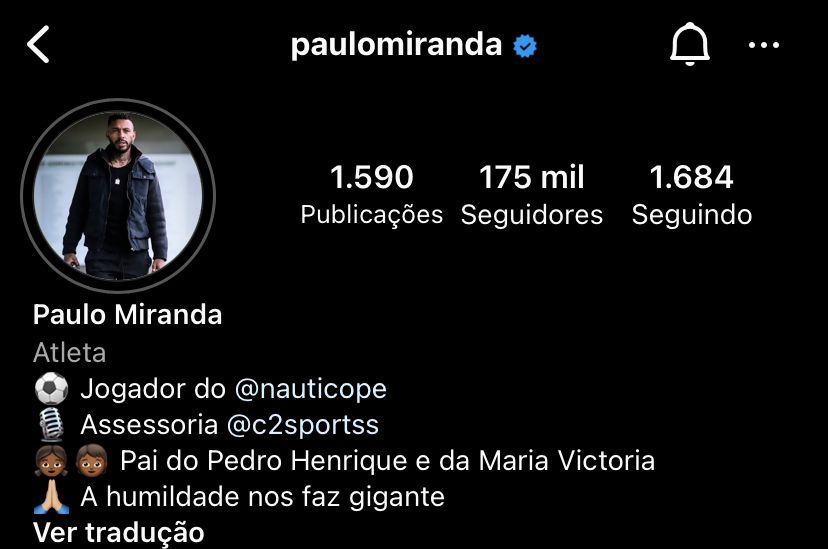 A conta de Paulo Miranda no Instagram ainda consta como jogador do Náutico.