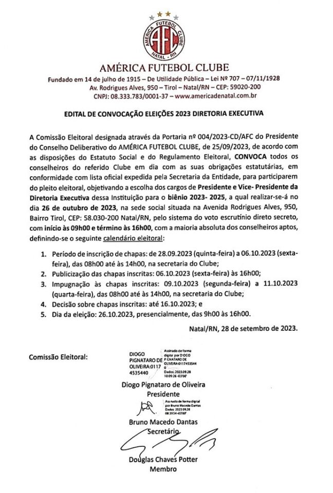 Ex-presidente Hermano Morais registra candidatura no América-RN 1 Edital das eleições do América-RN. Foto: Twitter/Mallyk Nagib