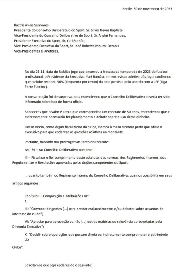 Conselho do Sport pede que executivo esclareça recebimento e uso de verbas da Liga Forte Futebol 1 Ofício do Conselho Deliberativo do Sport sobre recebimento de verba da Liga Forte Futebol