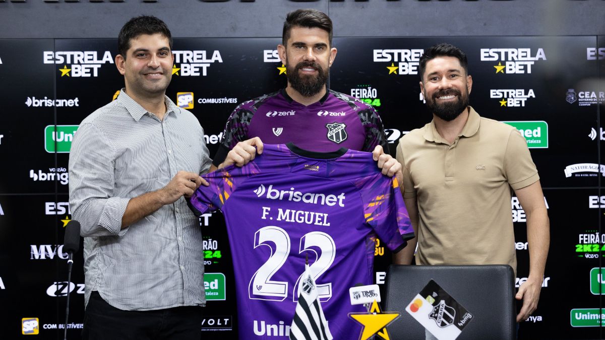 Regularizado, Fernando Miguel explica escolha pelo Ceará: "Crescer junto ao clube" 1 Lucas Drubscky, Fernando Miguel e Ricardinho em apresentação do goleiro no Ceará