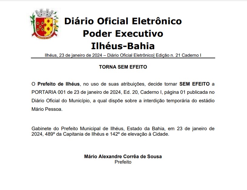 Decreto da Prefeitura de Ilhéus sobre a liberação do estádio Mário Pessoa