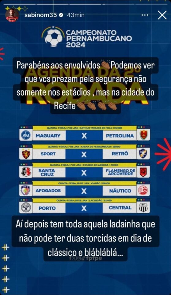 Sabino critica FPF por marcar jogos de Sport e Santa Cruz, como mandantes, para esta quarta 1 Sabino critica FPF por marcar jogos de Sport e Santa Cruz para o mesmo dia na Grande Recife