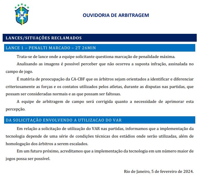 Resposta da Comissão de Arbitragem da CBF ao América-RN
