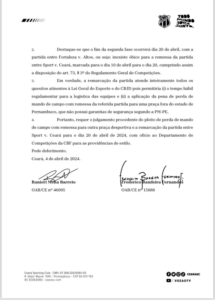 Ceará solicita ao STJD mudança de data de duelo contra o Sport 1 Ofício do Ceará para o STJD solicitando troca de data para jogo contra o Sport