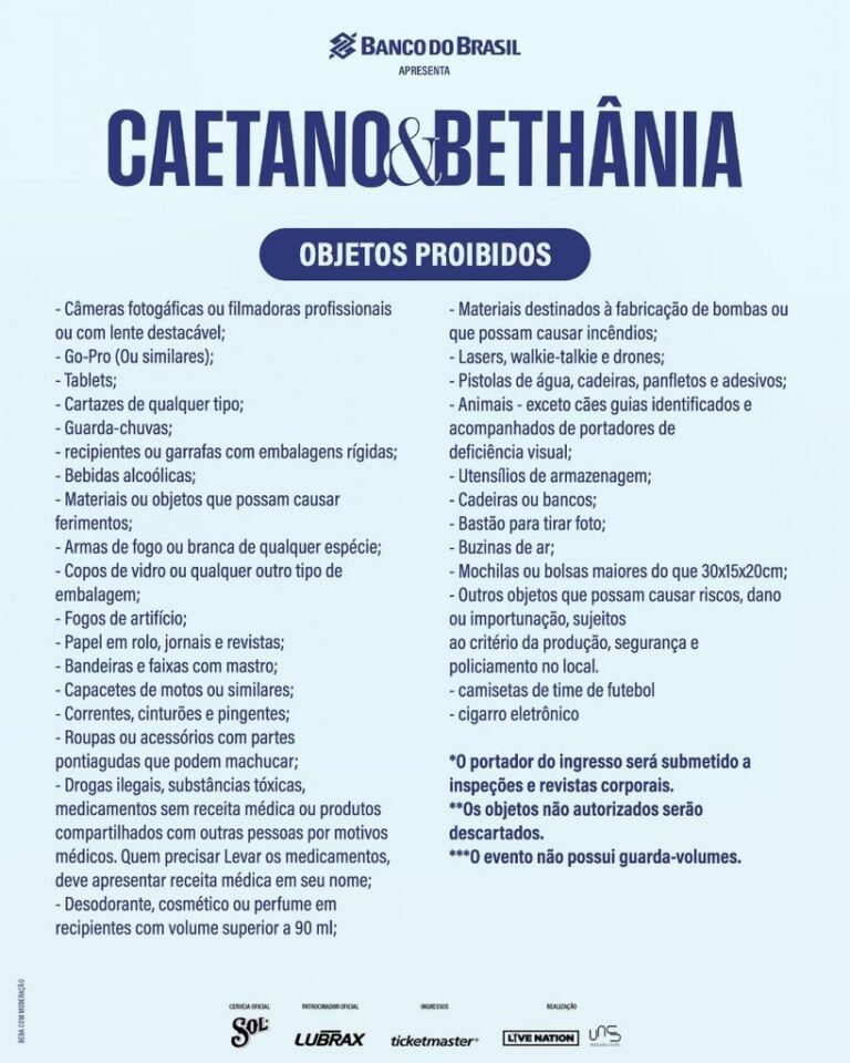 Show de Caetano Veloso e Maria Bethânia, que passará pelo Nordeste, proíbe entrada de camisa de time de futebol 1 Posts