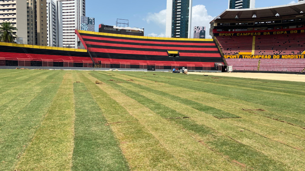 Sport avança no plantio do novo gramado da Ilha do Retiro. Foto: Vinicius Caxangá / NE45