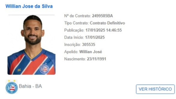 Willian José tem nome divulgado no BID e pode estrear pelo Bahia 1 Willian José sai no BID pelo Bahia.