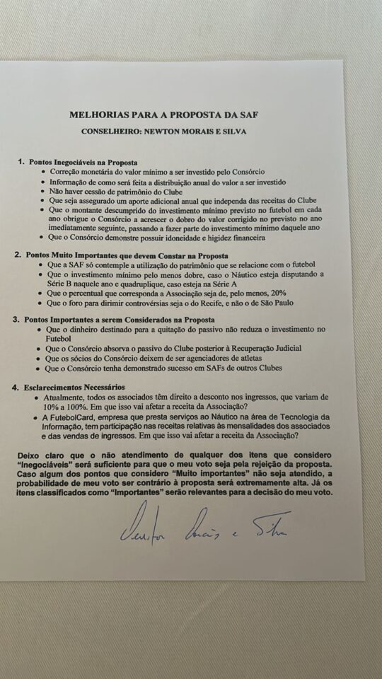 Questionamentos feitos pelos conselheiros do Náutico sobre vinculante da SAF