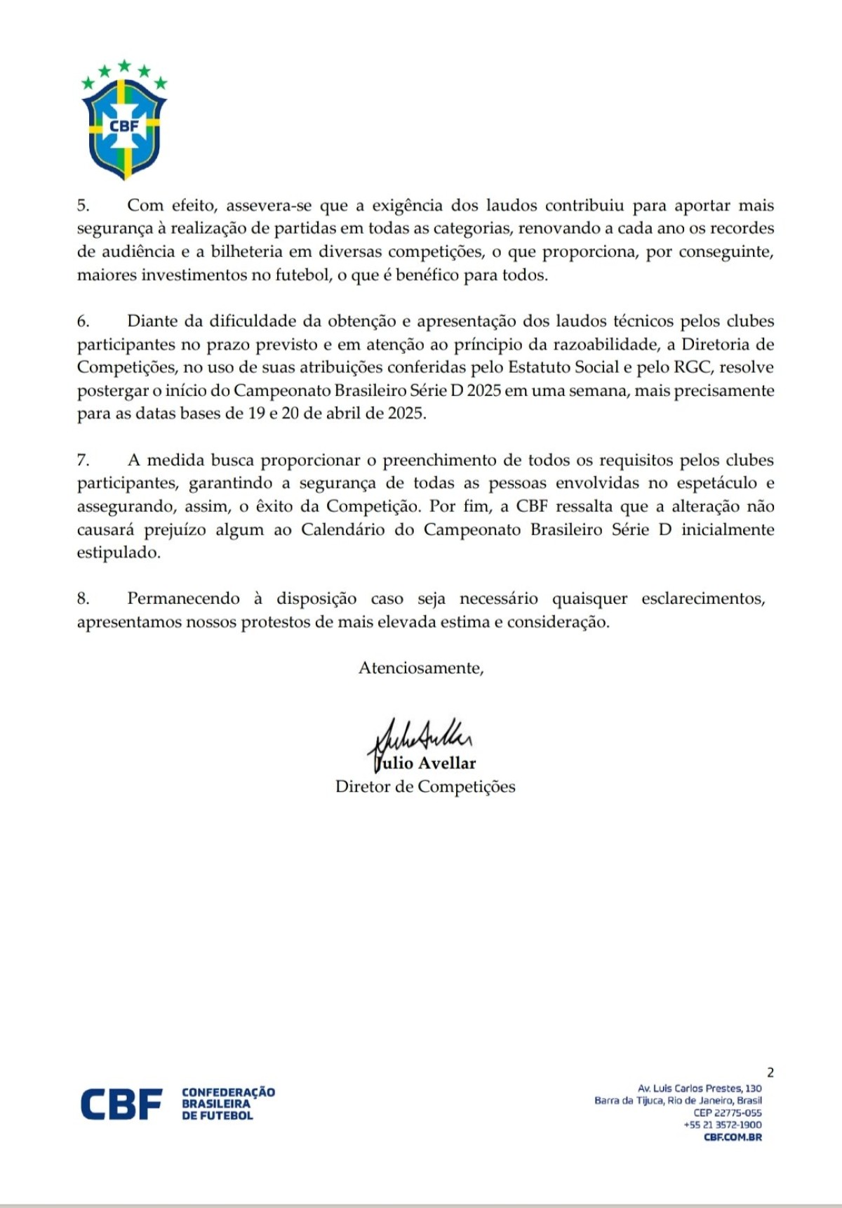 CBF adia o início da Série D 2025 em uma semana