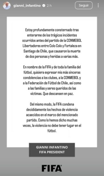 Presidente da Fifa condena “veementemente” episódios de violência na partida entre Colo-Colo e Fortaleza 1 Infantino - Fifa