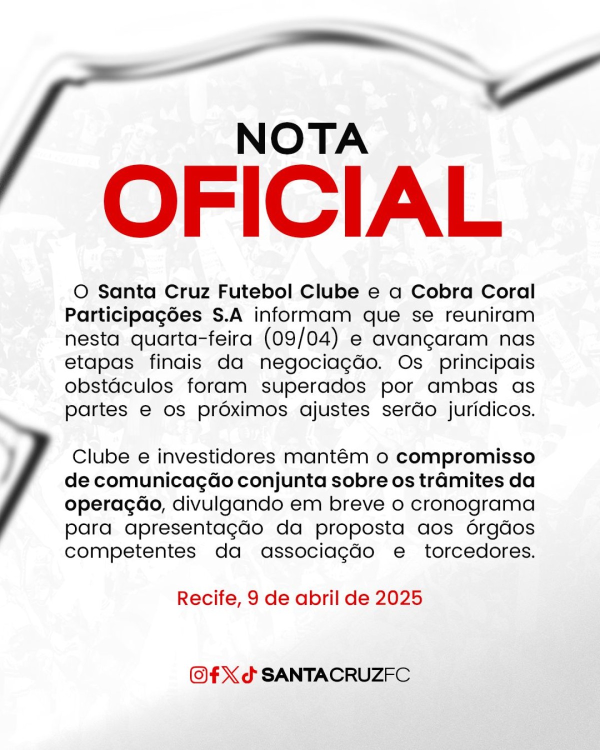 Faltando poucos detalhes, Santa Cruz encaminha acerto com investidores e avança no processo da SAF 1 Comunicado do Santa Cruz sobre avanço da SAF