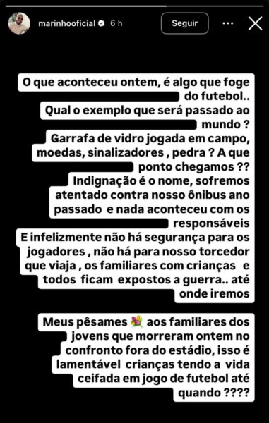 Colo-Colo x Fortaleza: Marinho presta solidariedade às famílias das vítimas e lamenta insegurança no futebol 2 Marinho - Pronunciamento