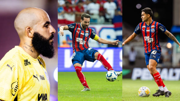 Vão renovar? Bahia tem seis jogadores com término de contrato neste ano 1 Danilo Fernandes, Everton Ribeiro e Rodrigo Nestor, atletas do Bahia - Fotos: Letícia Martins/EC Bahia