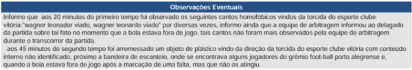 Trecho da súmula do jogo entre Vitória x Grêmio - Foto: Reprodução