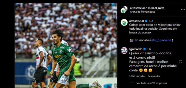 Após classificação do Santa Cruz, Thiago Galhardo provoca atacante do Altos nas redes sociais: "Camarote é por minha conta" 1 Thiago Galhardo provoca atacante do Altos - Foto: Reprodução/Instagram