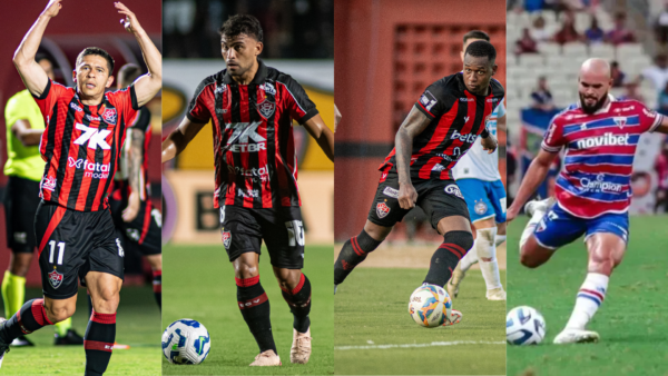 Lei do ex? Fortaleza x Vitória marca reencontros de Marinho com o Rubro-Negro e Kayzer com o Tricolor 2 Osvaldo, Ronald, Dudu e Zé Welison já atuaram por Vitória e Fortaleza - Fotos: Fotos: Victor Ferreira/ECV; Mateus Lotif/FEC