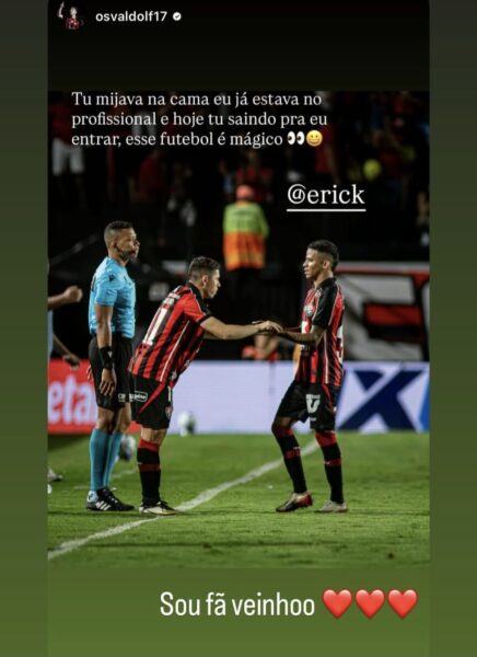 Osvaldo brinca em substituição com Erick no Vitória: "Tu mijava na cama e eu já jogava no profissional" 1 Erick reposta brincadeira de Osvaldo - Foto: Reprodução/Redes Sociais