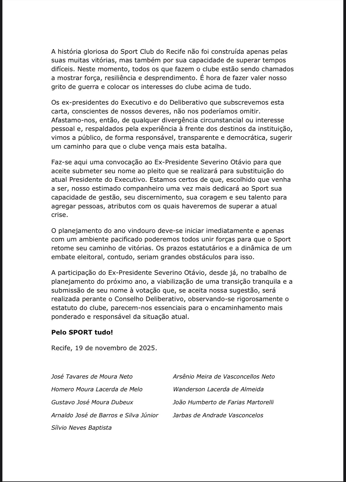 Ex-presidentes defendem eleição indireta e fazem convocação oficial para Branquinho assumir o Sport 2 Posts
