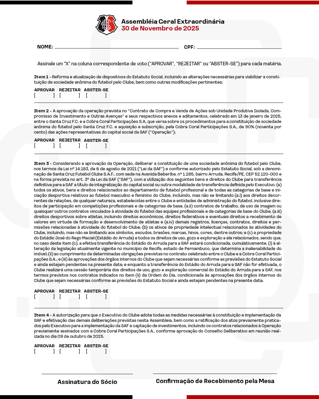 Santa Cruz divulga cédula de votação da AGE da SAF