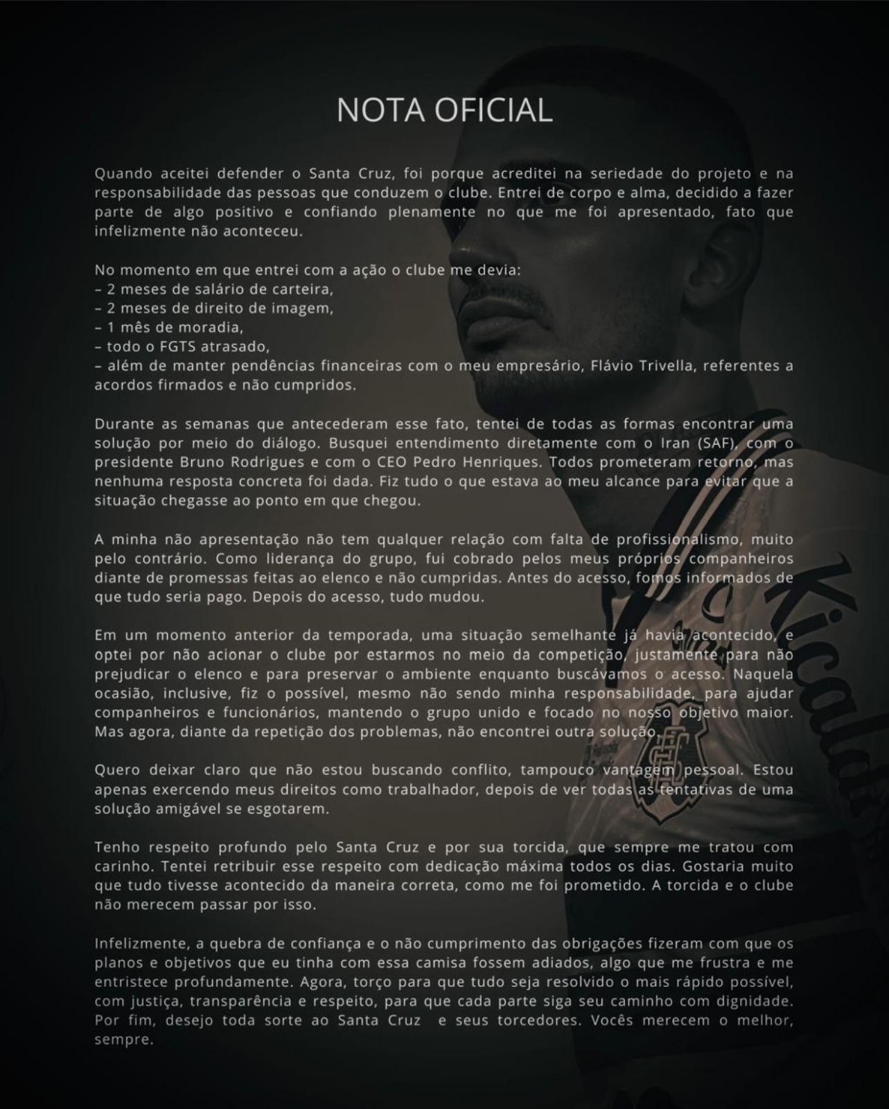 Galhardo se pronuncia sobre saída do Santa Cruz.