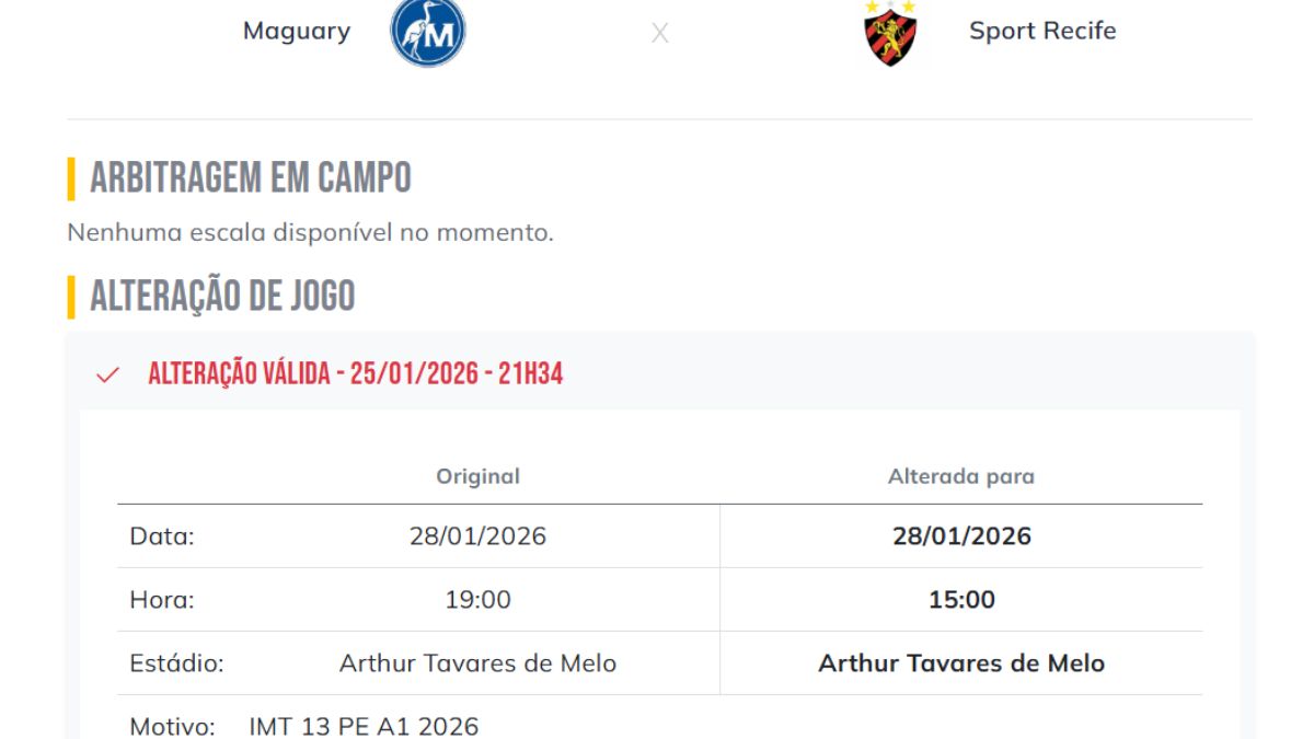 FPF altera horário e Maguary x Sport será à tarde 1 FPF altera horário de Maguary x Sport por questões de iluminação no estádio Arthur Tavares, em Bonito