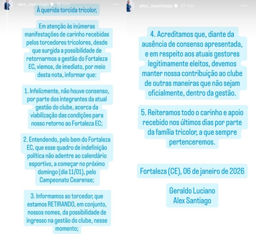 Alex Santiago nota de saída do Fortaleza