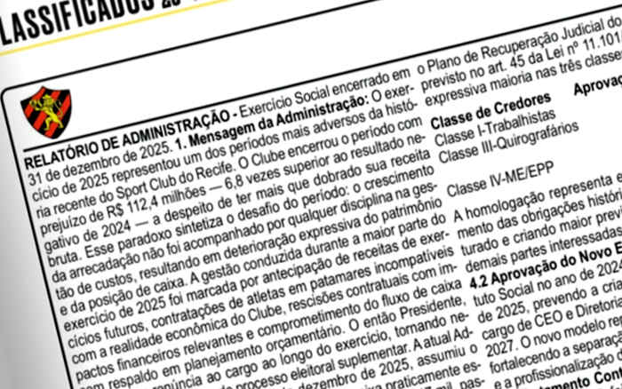Balanço do Sport em 2025 aponta déficit de R$ 112 milhões e passivo recorde