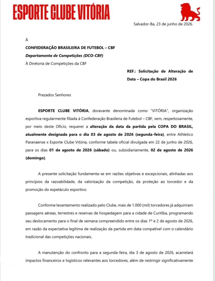 Vitória envia ofício na CBF e pede alteração na data de jogo pela Copa do Brasil 1 Posts