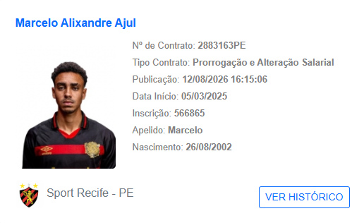Sport chega a acordo com Marcelo Ajul e estende vínculo do zagueiro até 2028 1 Renovação publicada no BID da CBF - Foto: Divulgação